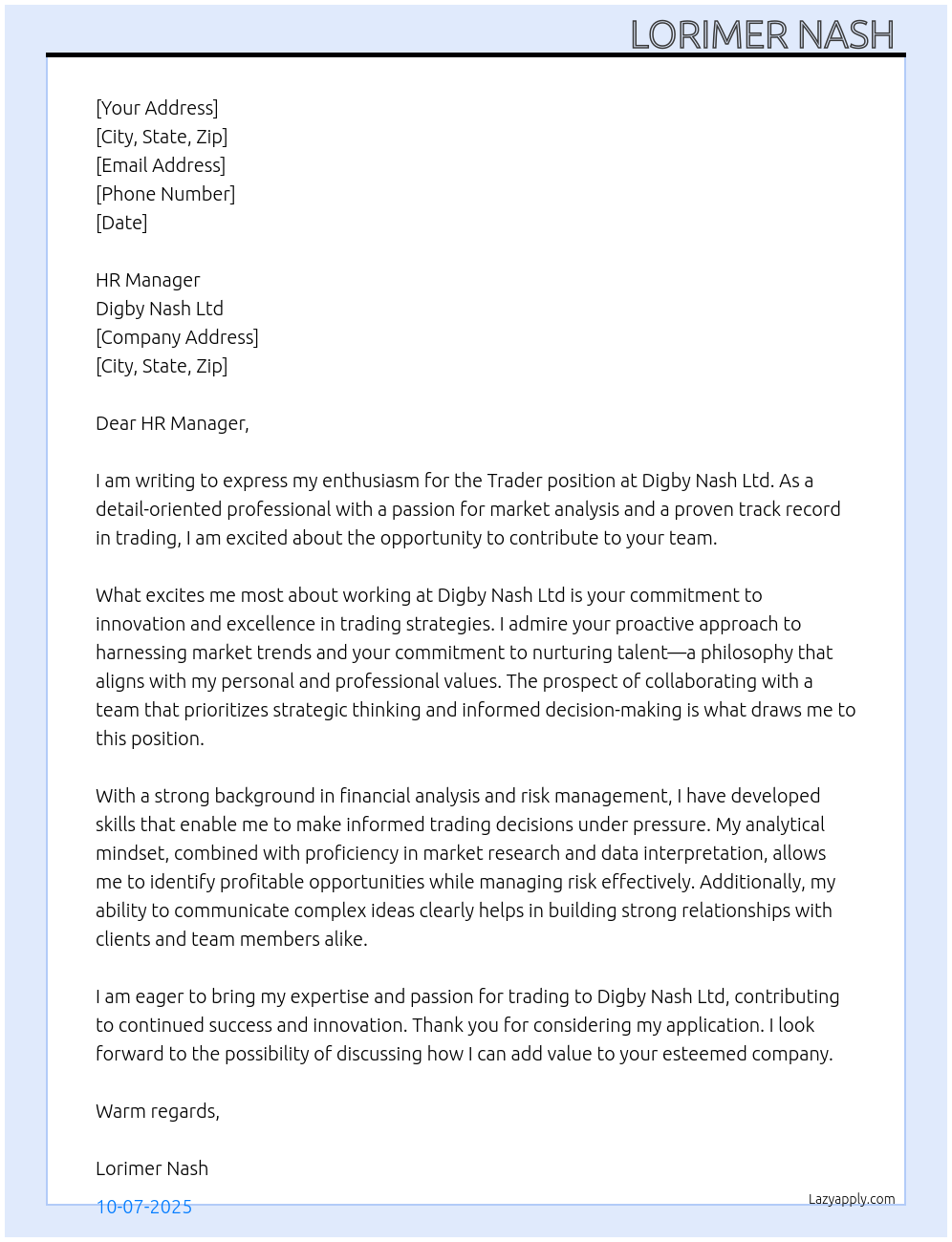 Cover letter for trader - LazyApply