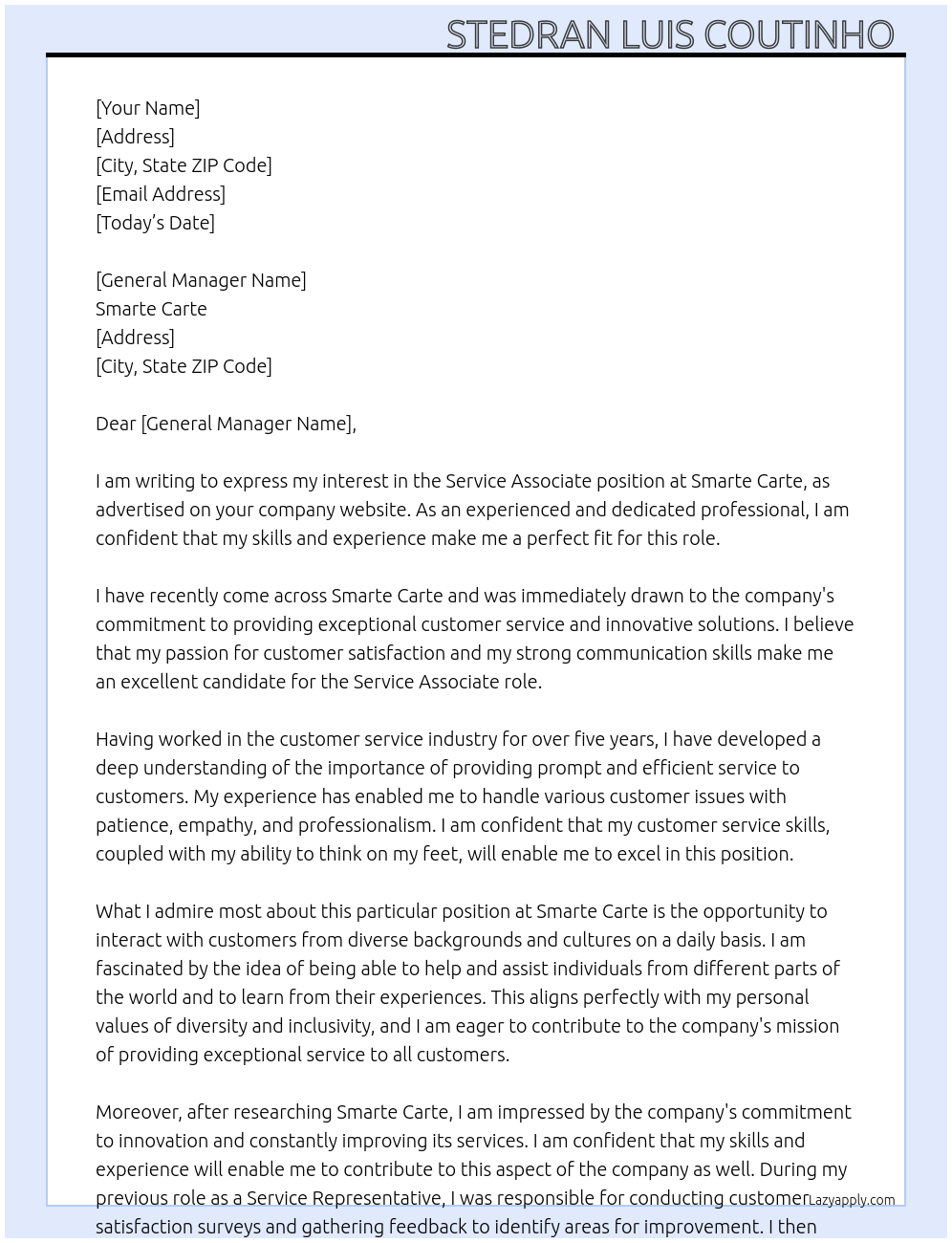 Service Associate At Smarte Carte Cover Letter