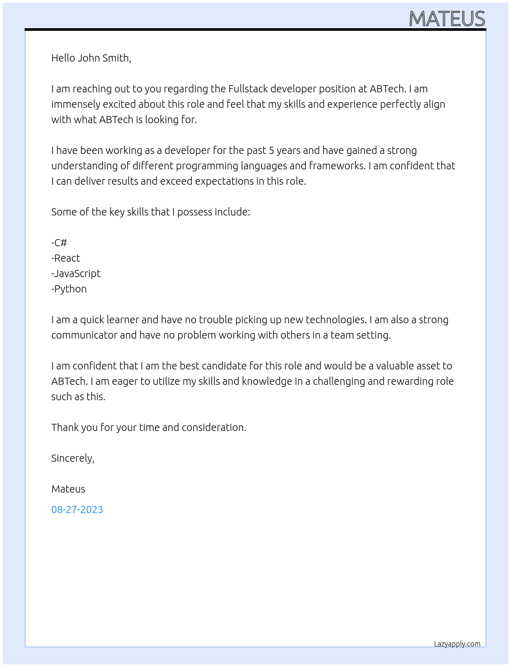 Fullstack developer At ABTech Cover Letter