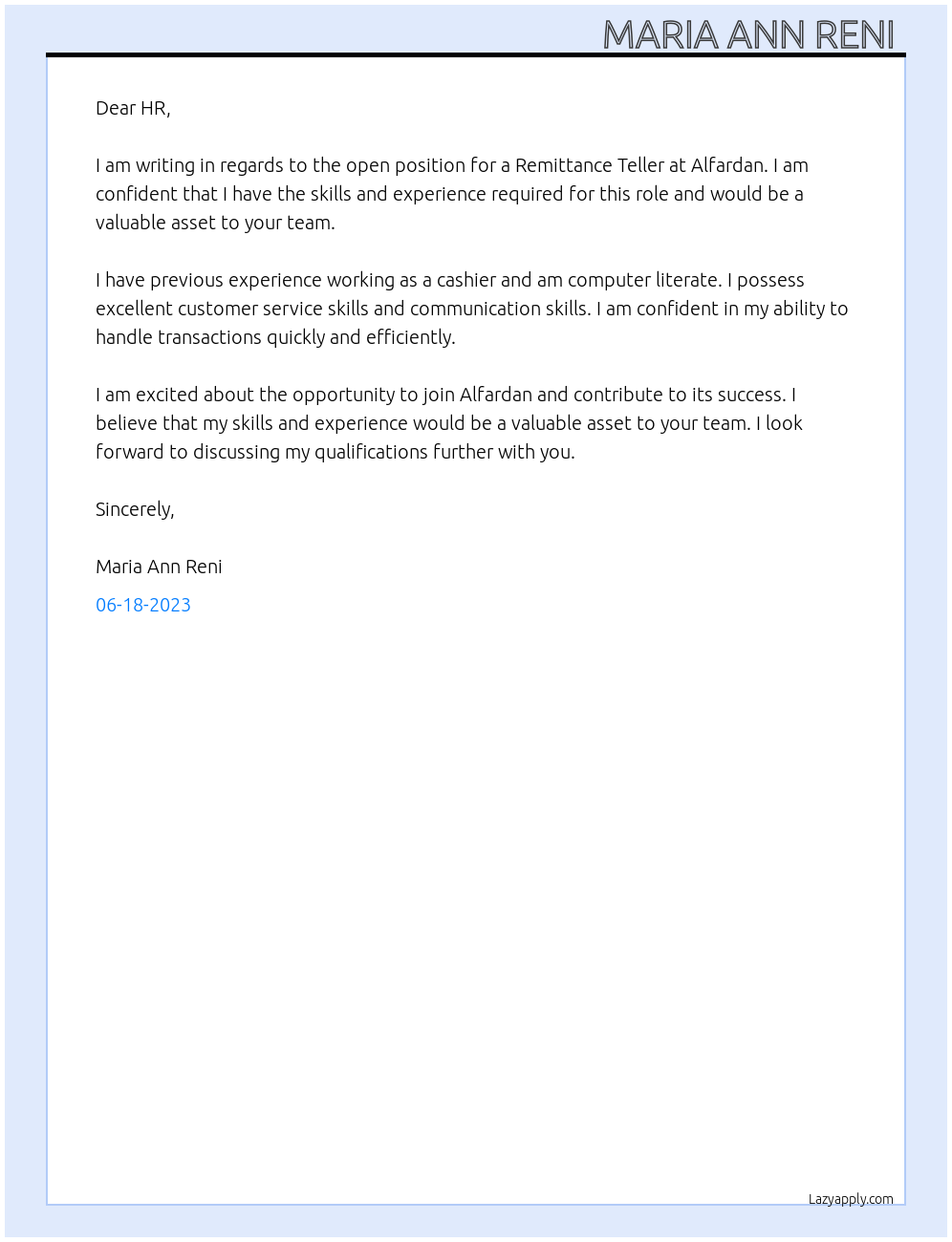 Remittance teller  At Alfardan Cover Letter