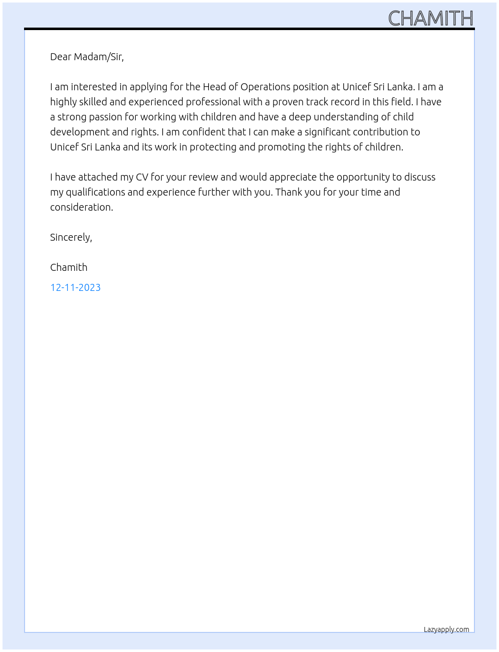 Head of Operations At Unicef Sri Lanka Cover Letter