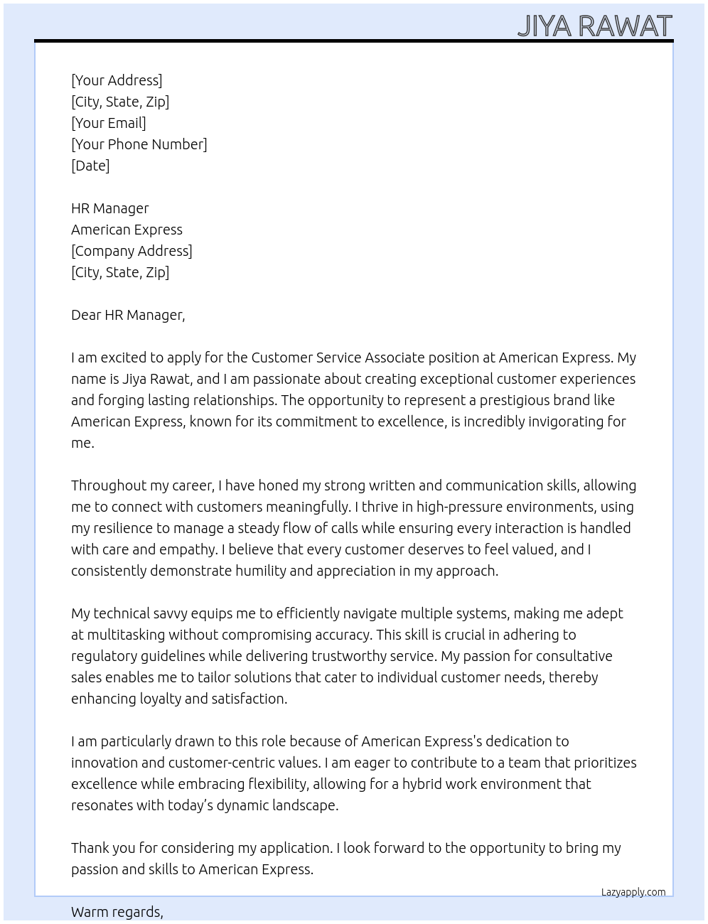 Customer Service Associate At American Express Cover Letter