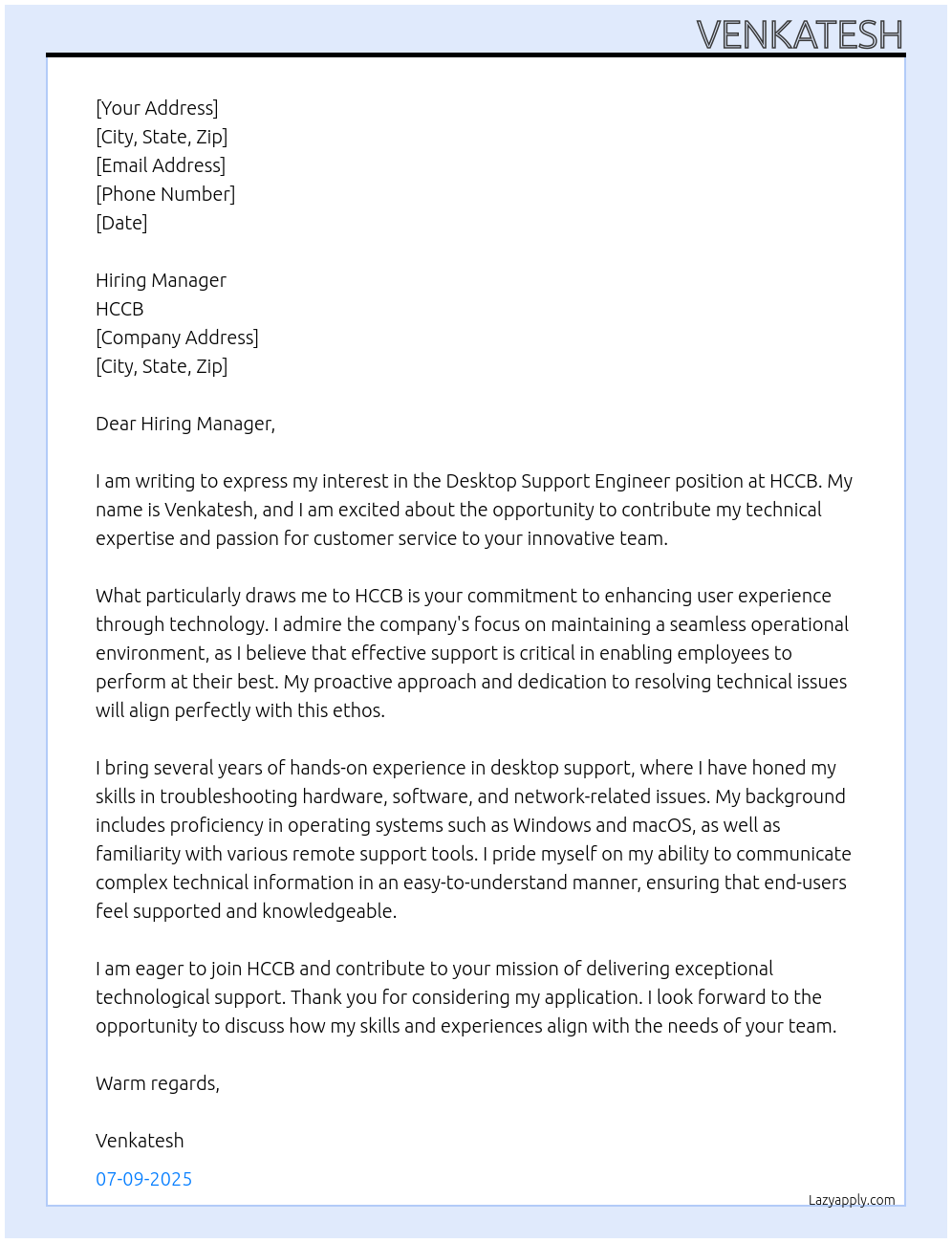 Cover letter for desktop support engineer - LazyApply