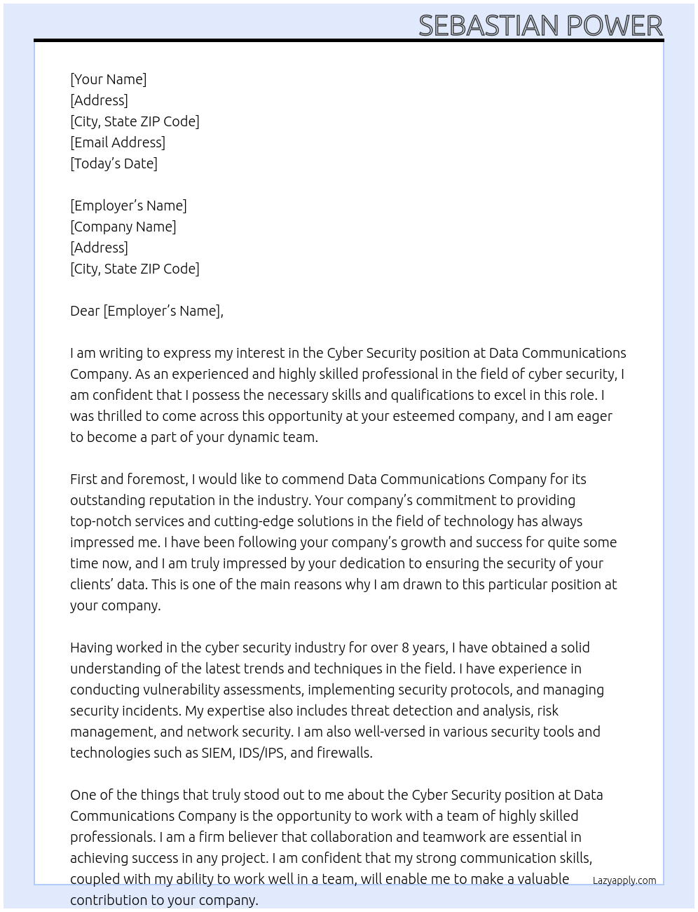 Cyber security At Data Communications Company Cover Letter