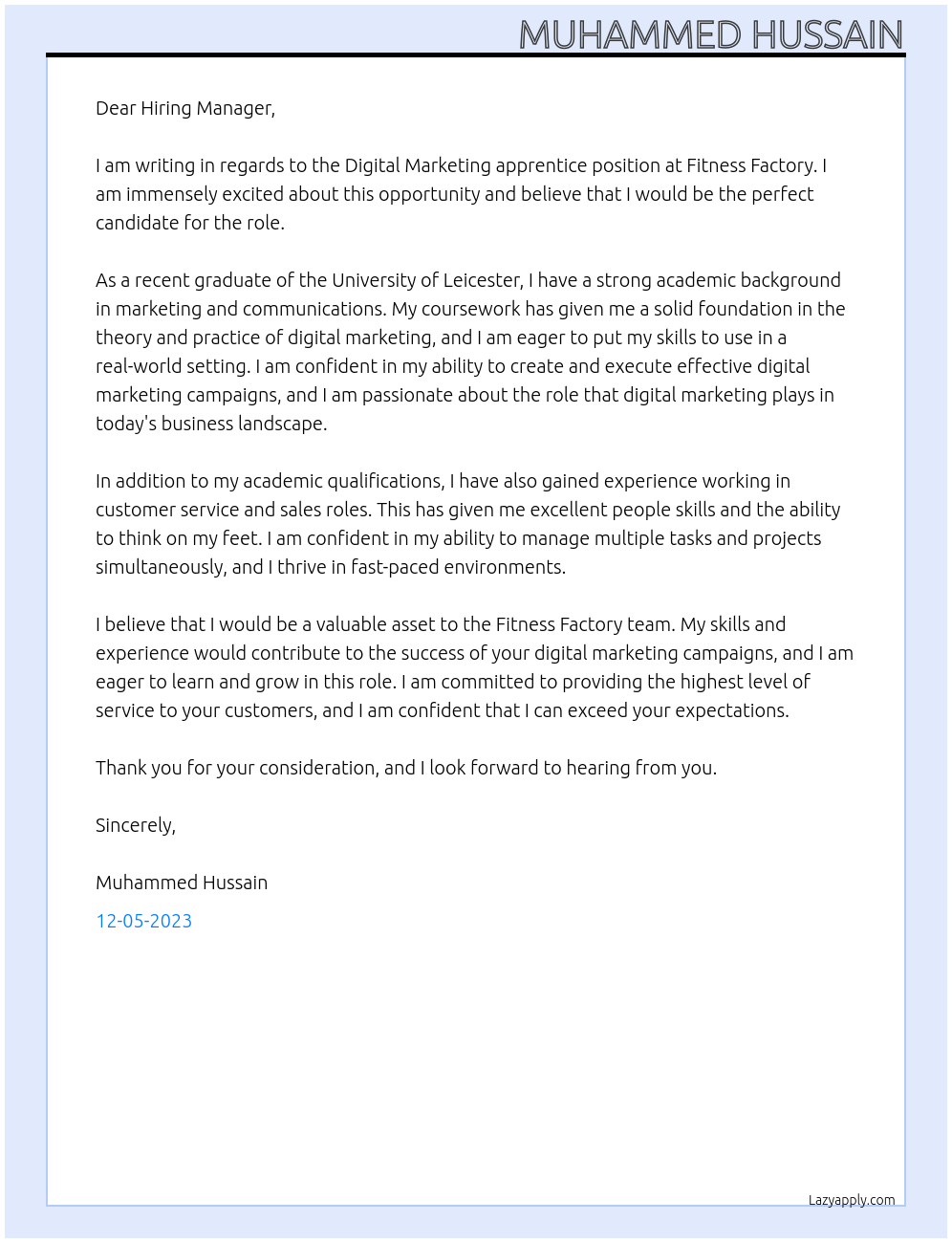 Digital Marketing apprentice  At Fitness Factory Cover Letter