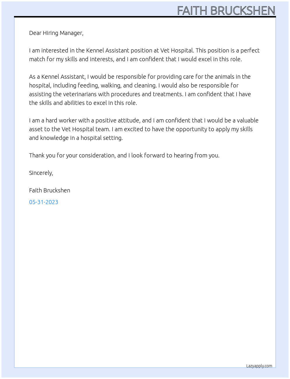 Kennel Assistant At Vet Hospital Cover Letter