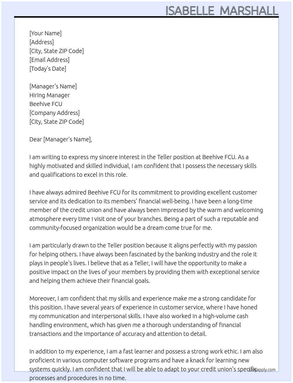 Teller At Beehive FCU Cover Letter