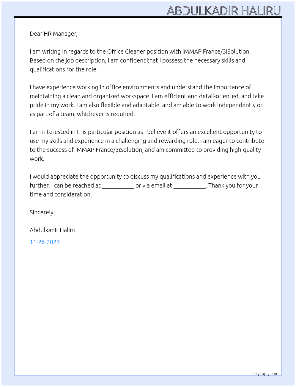 Office Cleaner At iMMAP France/3iSolution Cover Letter