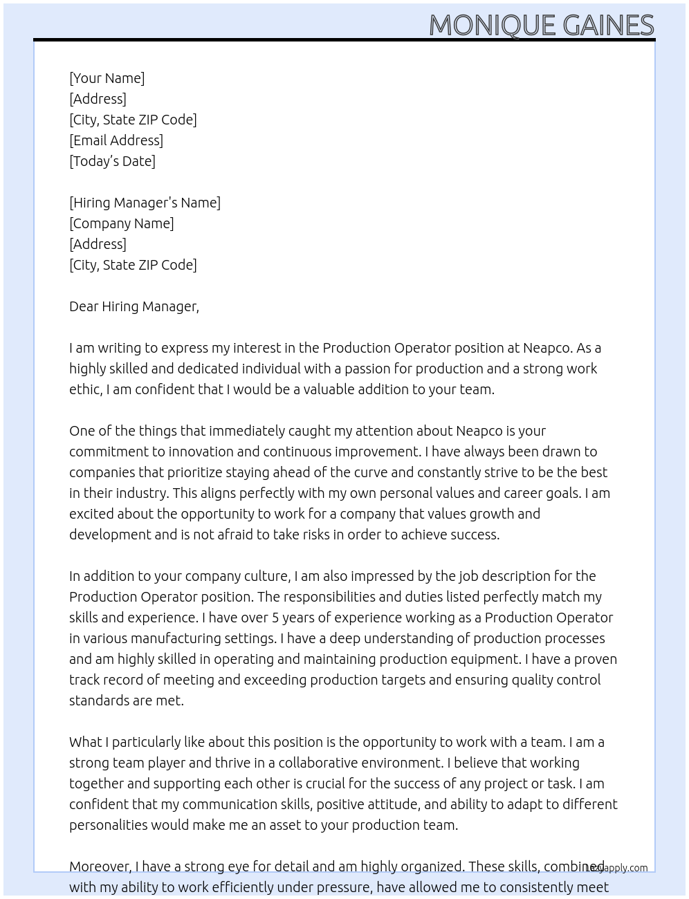 Production operator At Neapco Cover Letter