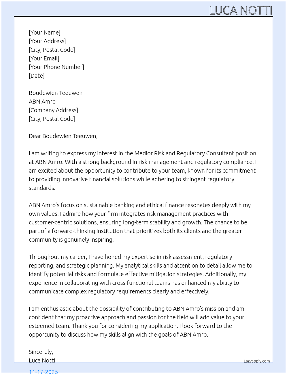 Medior risk and Regulatory Consultant At ABN Amro Cover Letter