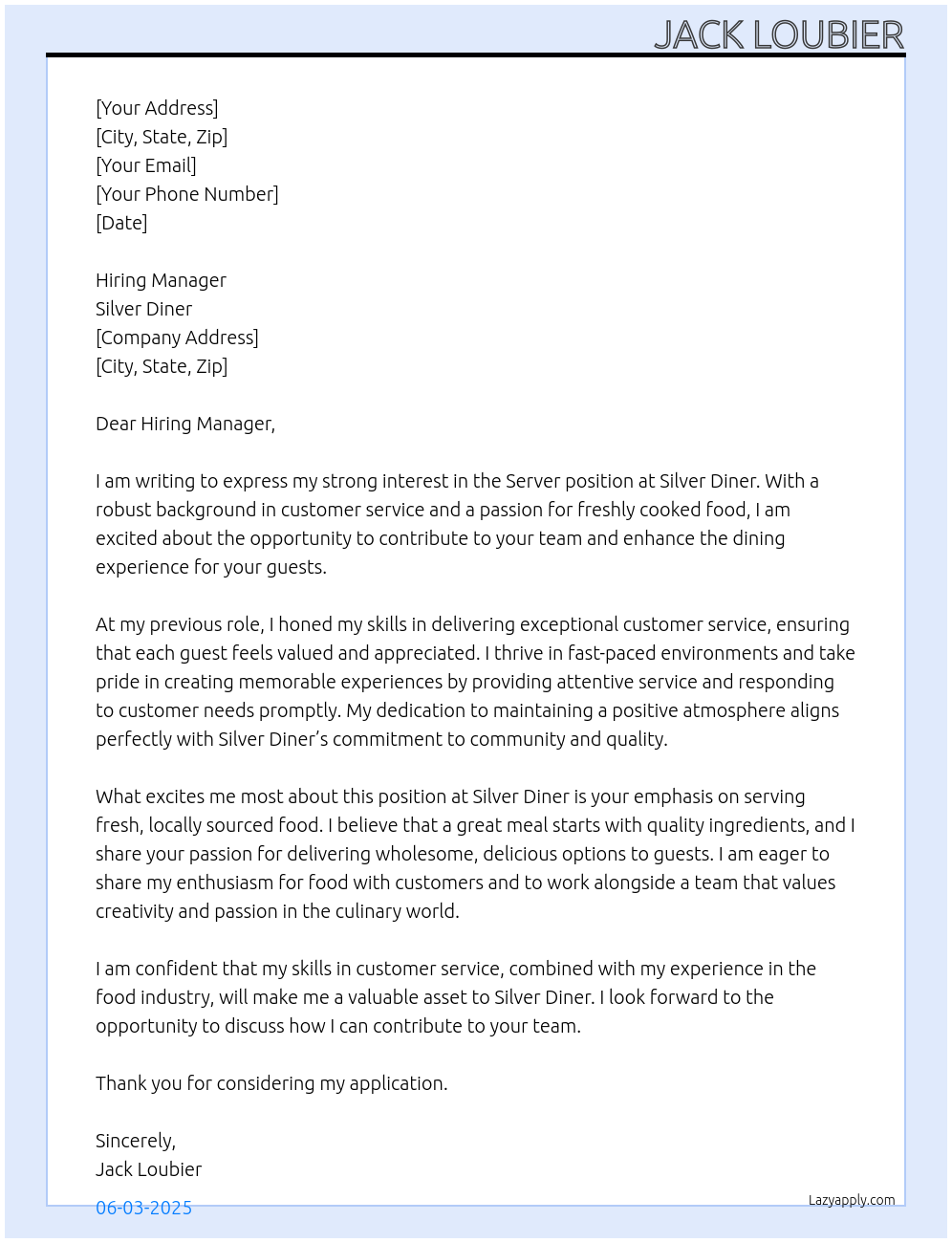 Server At Silver Diner Cover Letter