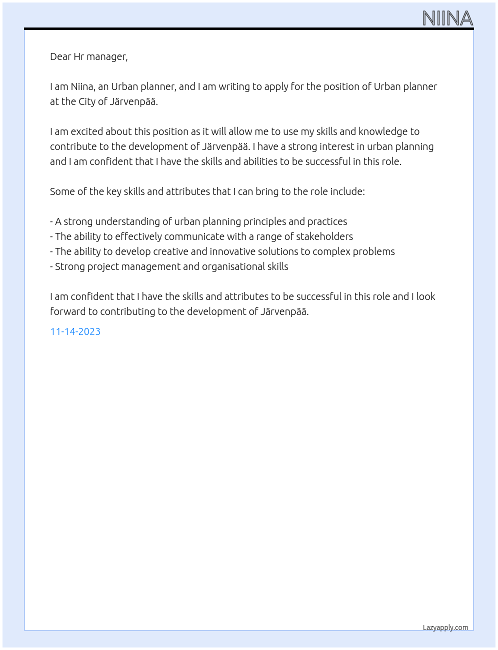 Urban planner At City of Järvenpää Cover Letter