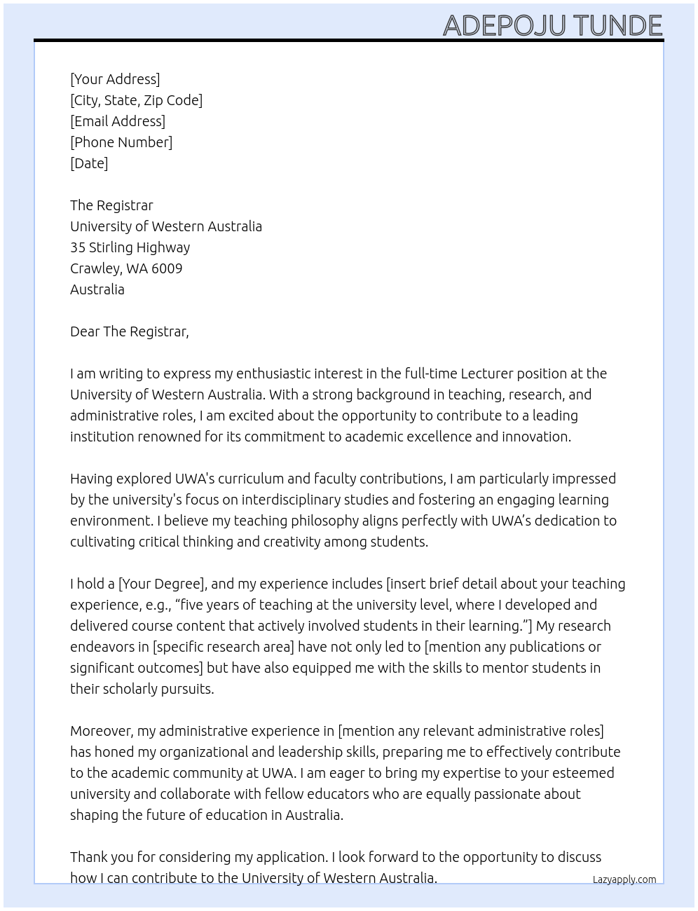 Lecturer At UNIVERSITY OF WESTERN AUSTRALIA Cover Letter
