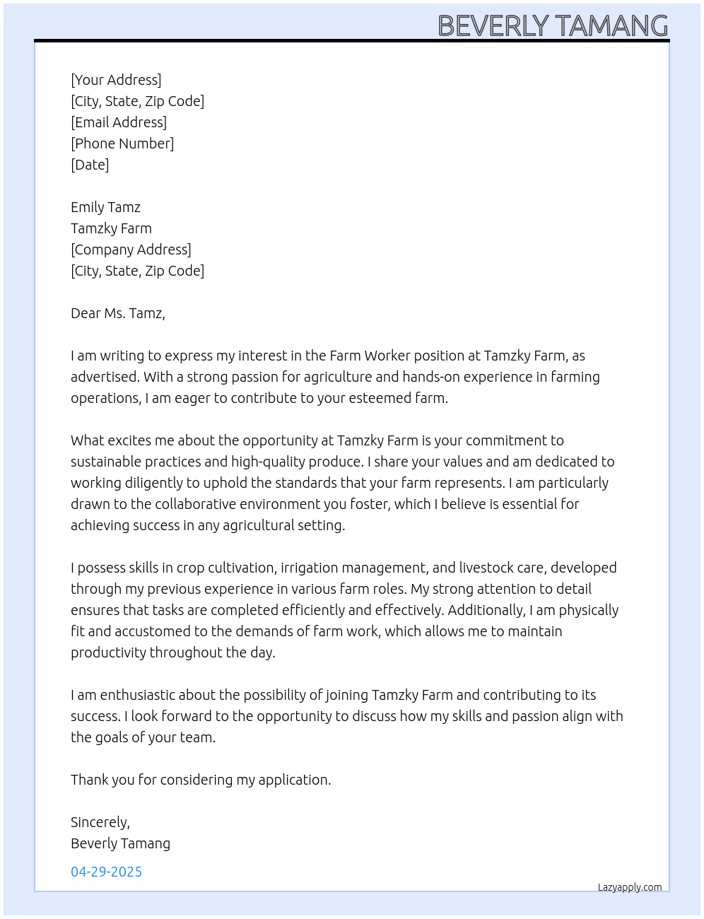 farm worker At Tamzky Farm Cover Letter