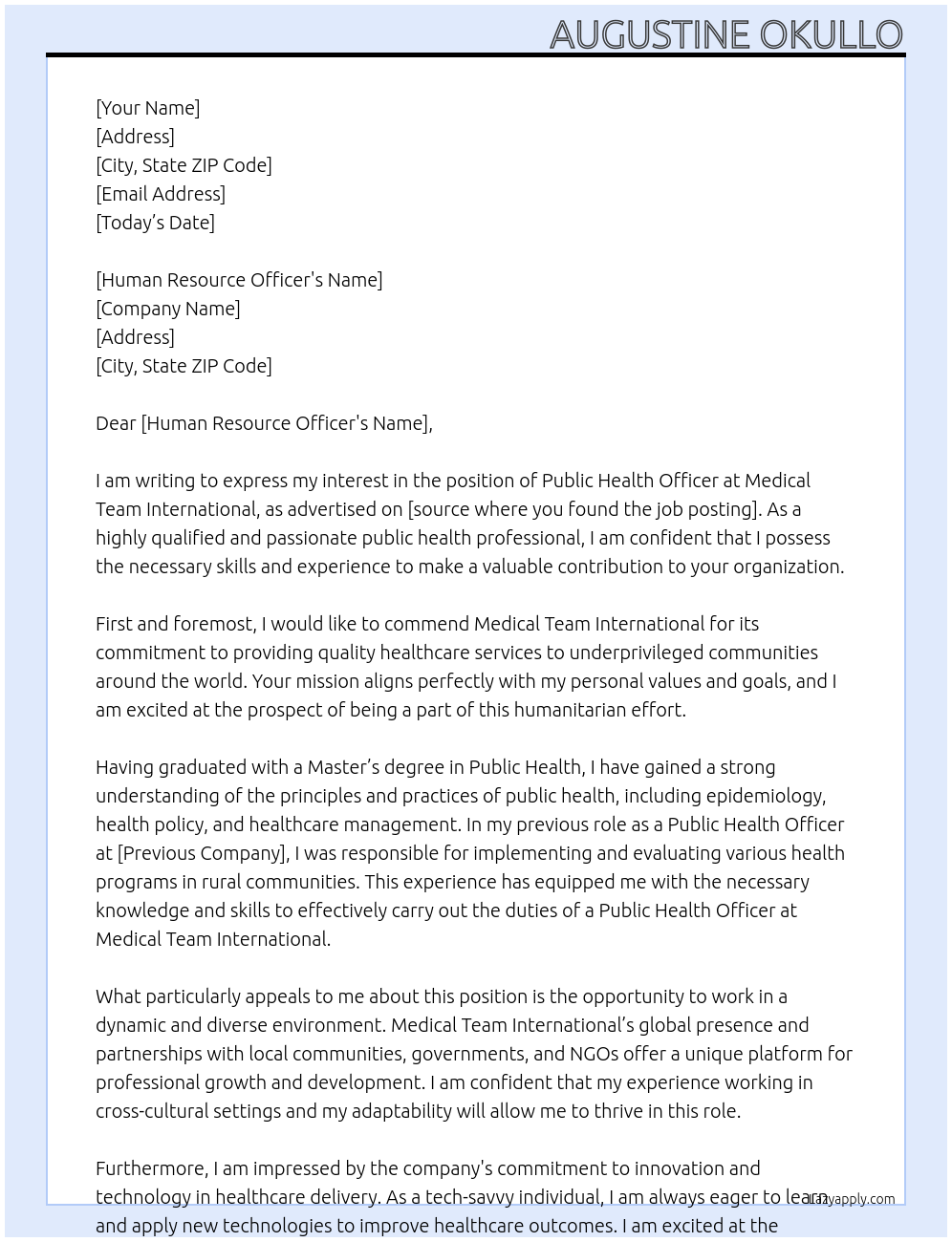 Public health officer At Medical Team International Cover Letter