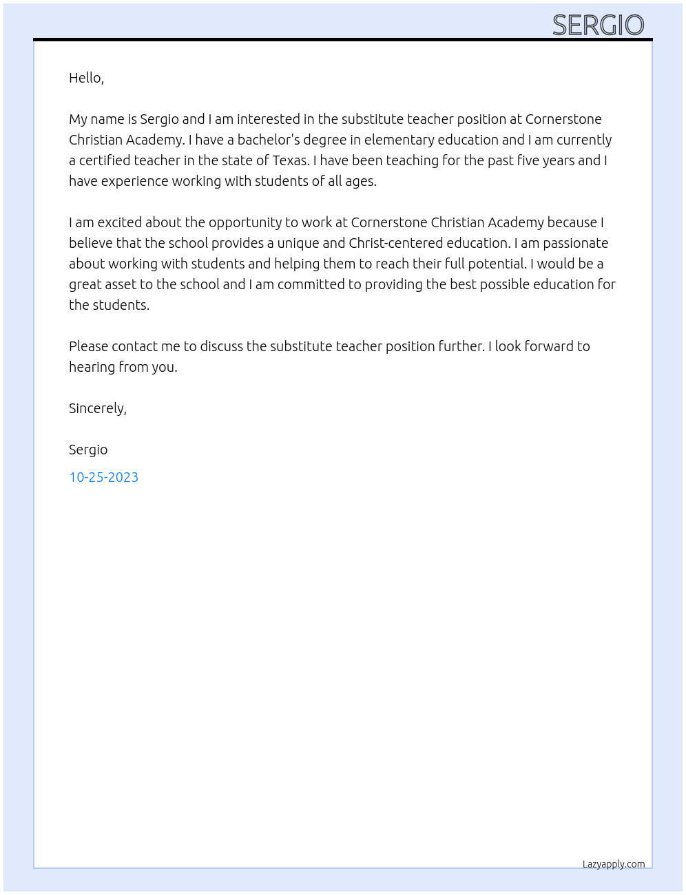 substitute teacher At cornerstone christian academy Cover Letter