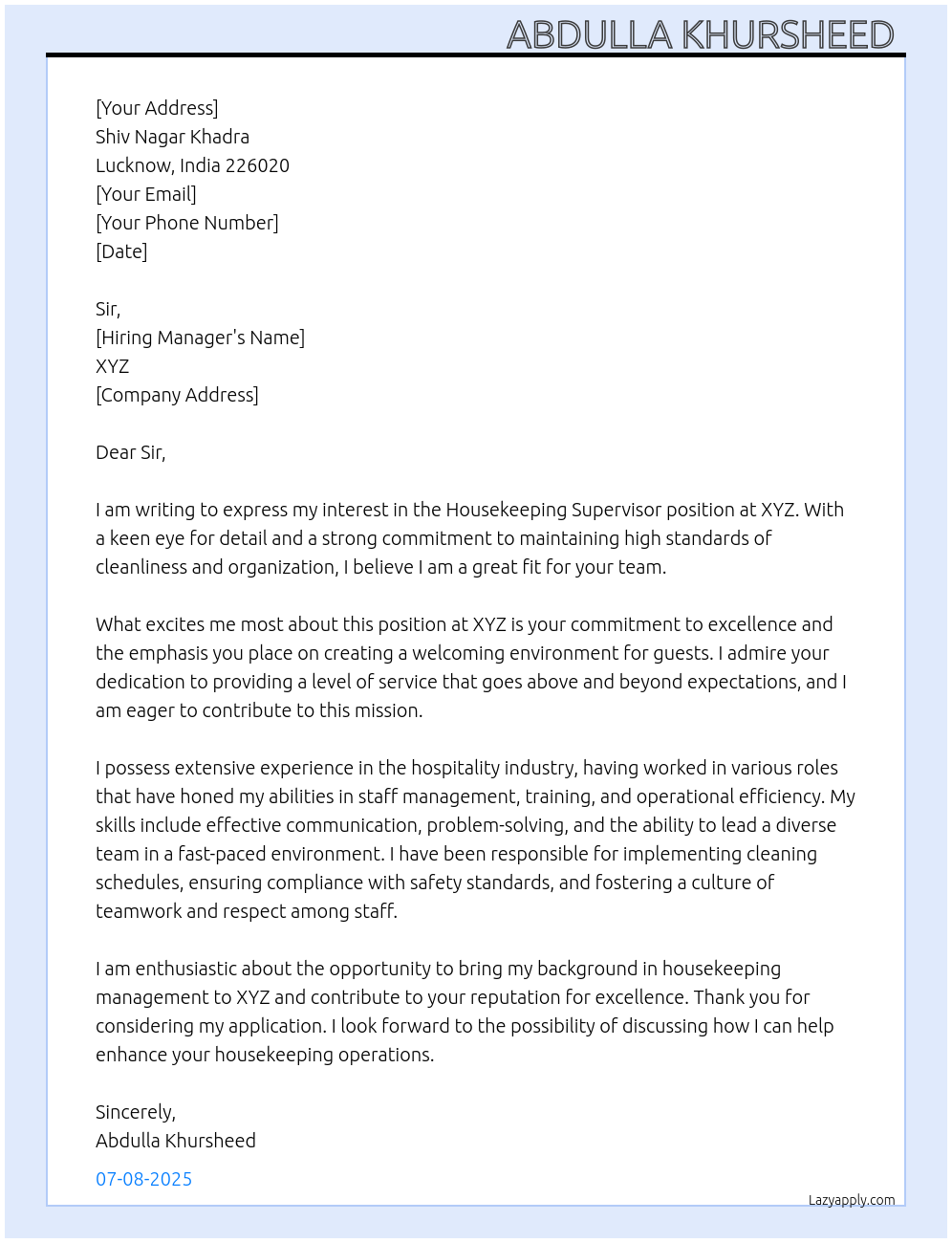 Housekeeping supervisor At Xyz Cover Letter