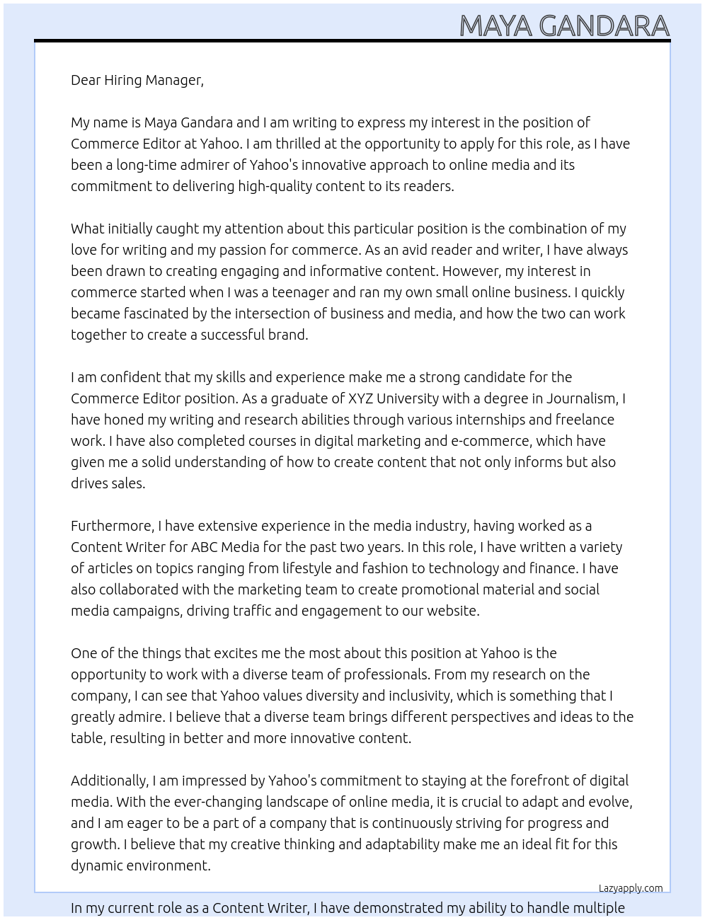 Commerce Editor At Yahoo Cover Letter