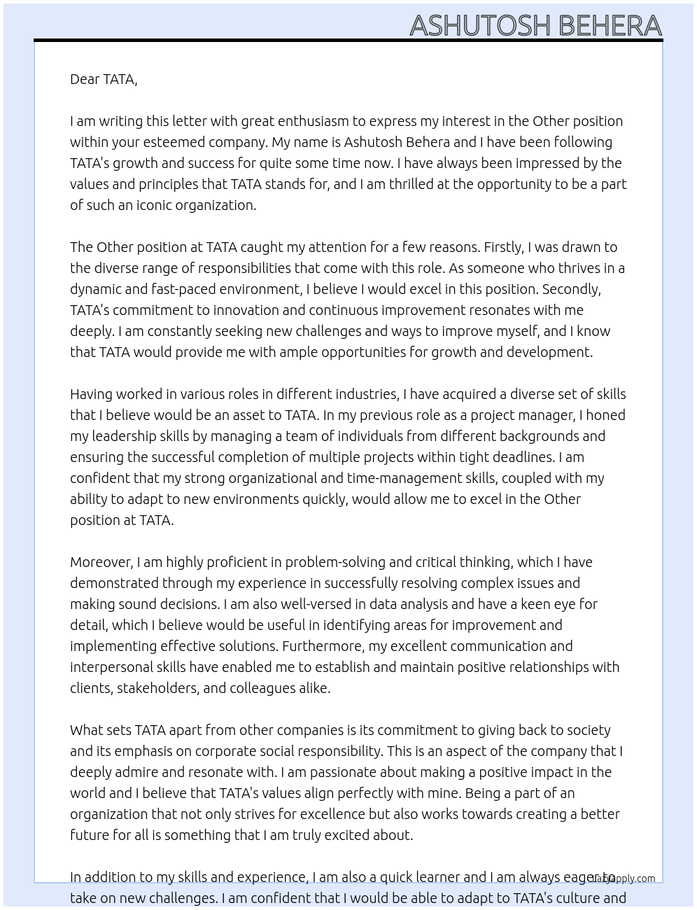 Other At TATA Cover Letter