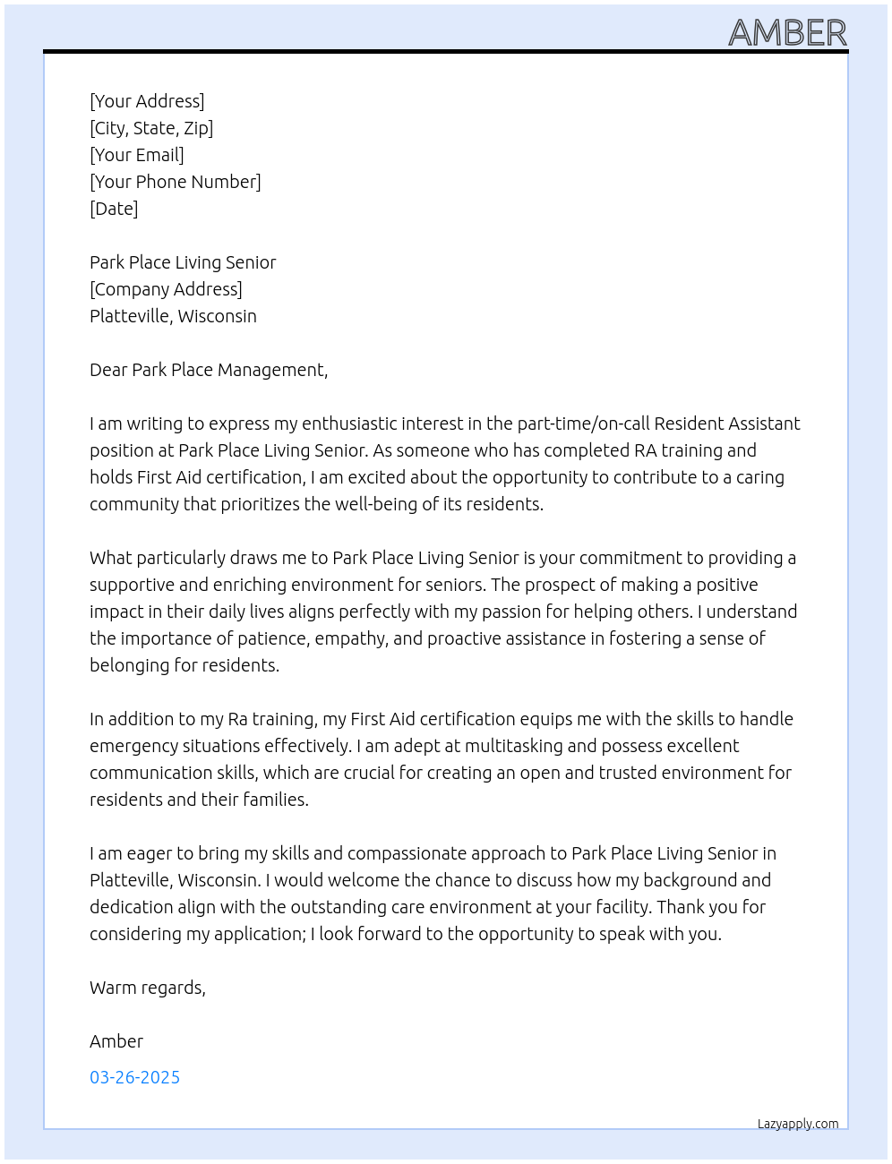 Resident assistant At Park Place living Senior Cover Letter