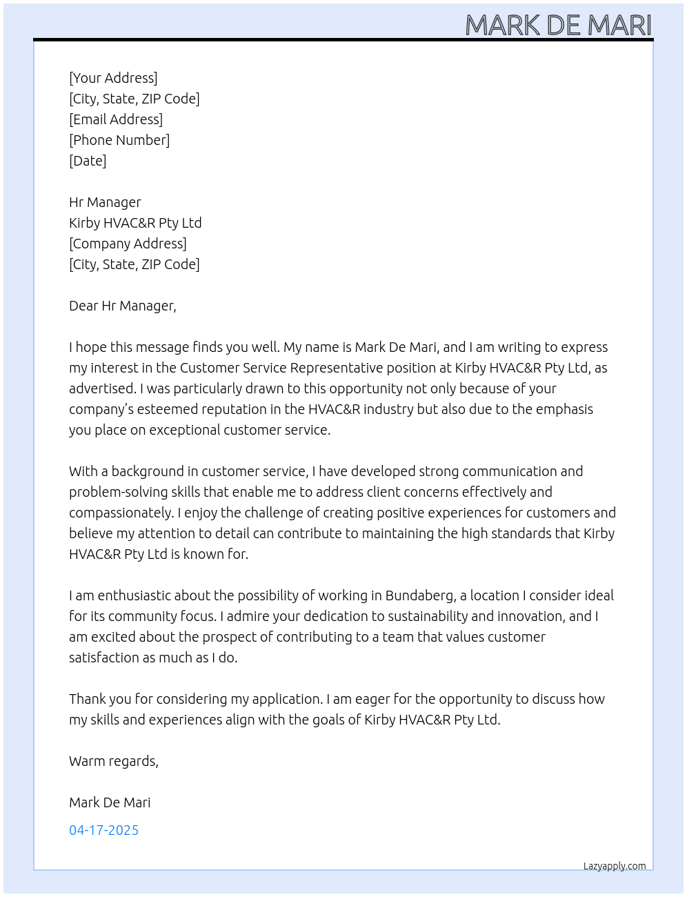 Customer Service Representative At Kirby HVAC&R Pty Ltd Cover Letter