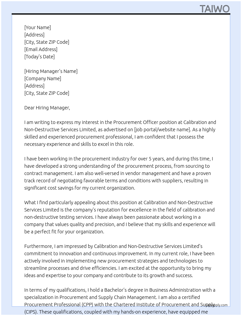 Procurement officer At Calibration and Non-Destructive Services Limited Cover Letter