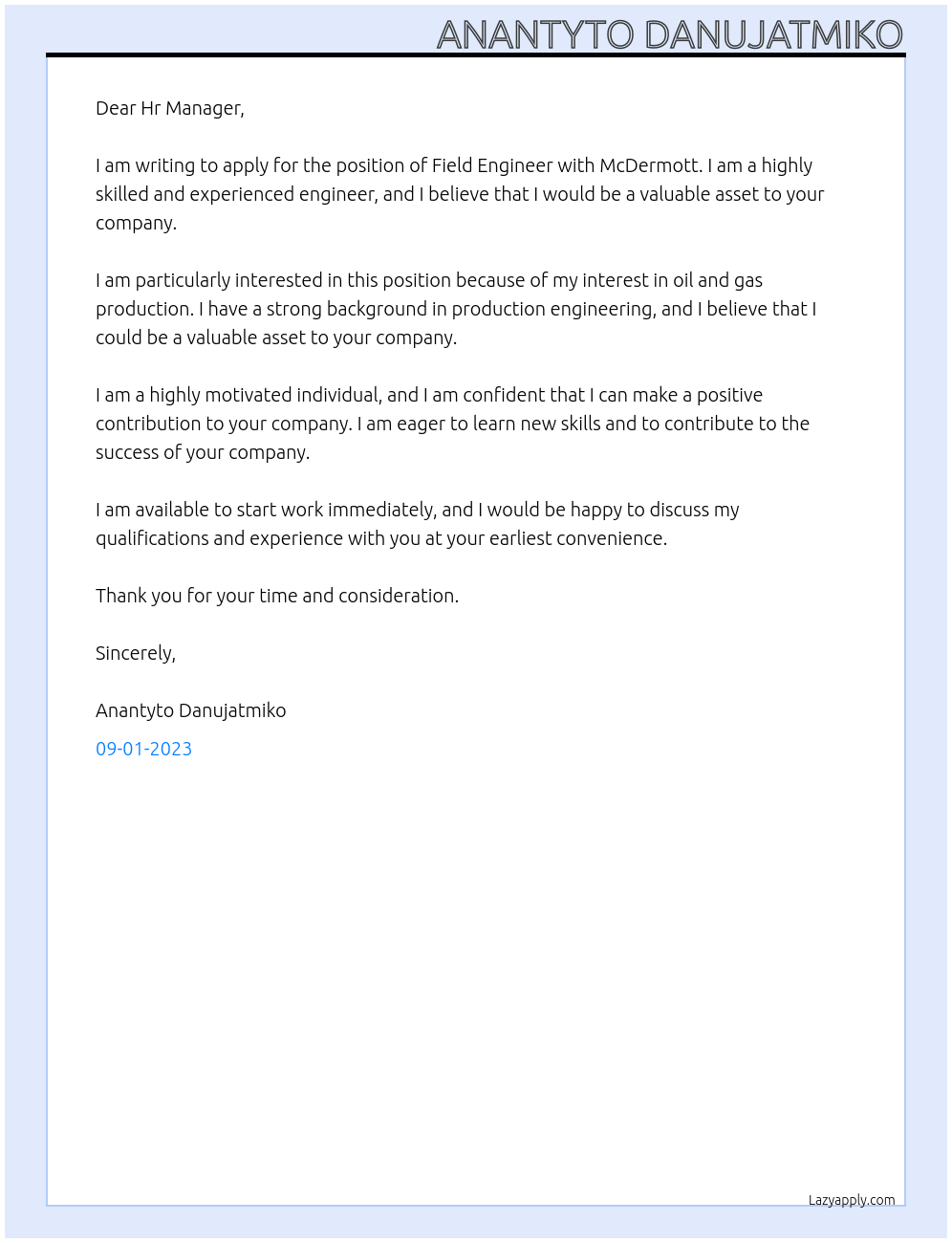 Field engineer At McDermott Cover Letter