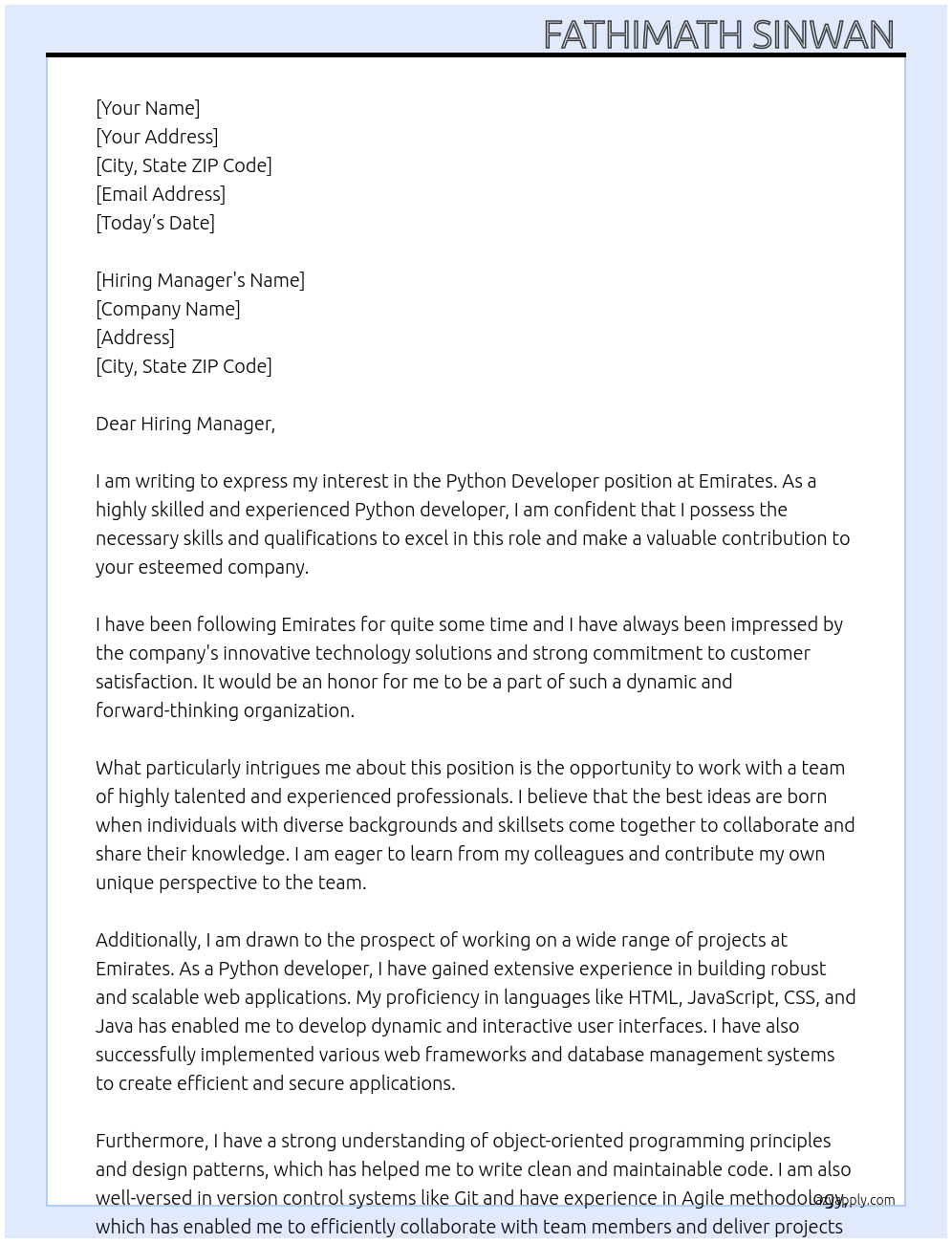 Python developer At Emirates Cover Letter