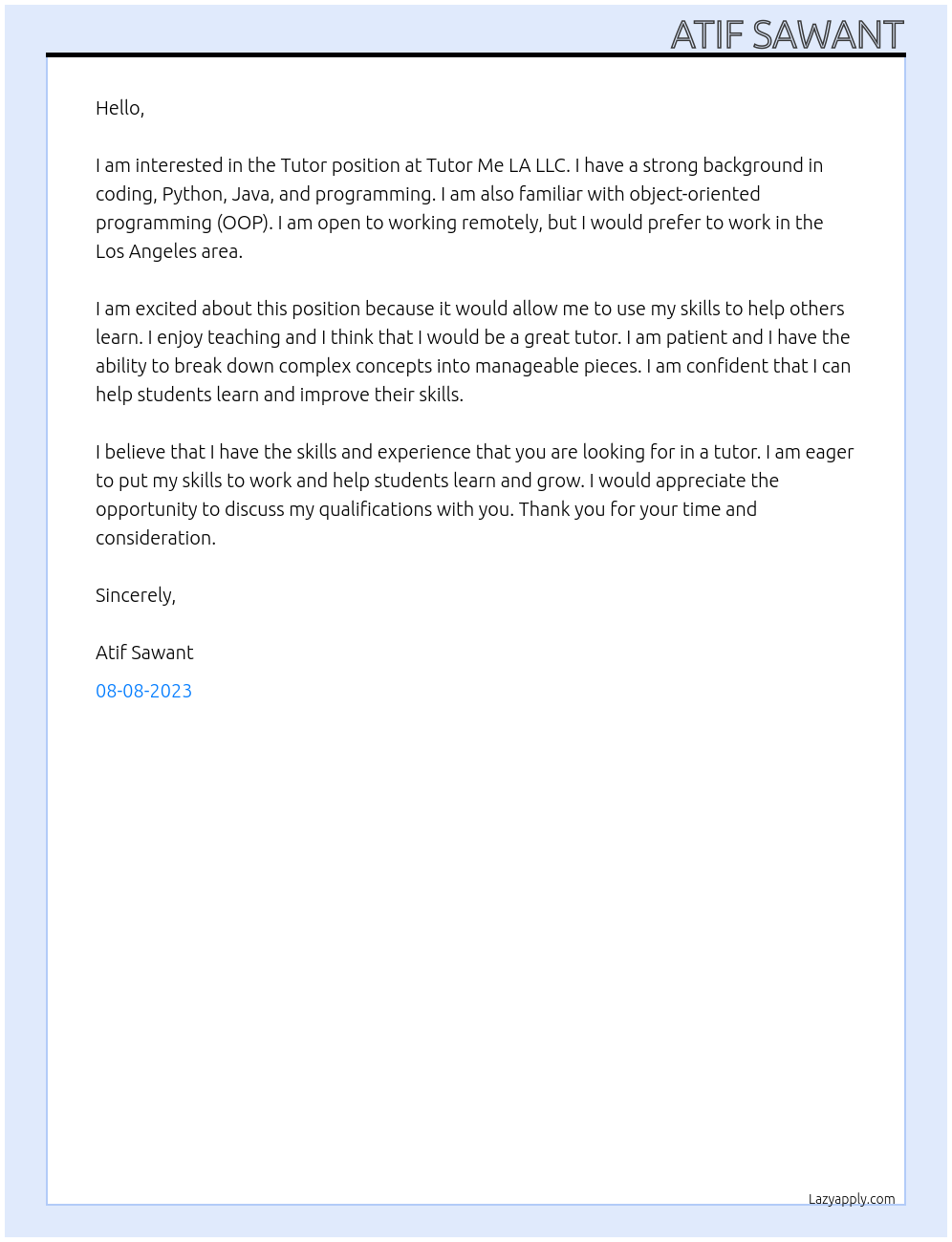 Tutor At Tutor Me LA LLc Cover Letter