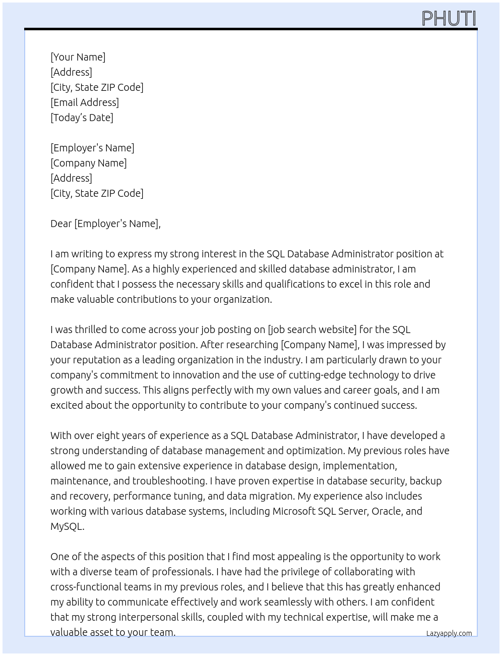 SQL Database Administrator At company Cover Letter