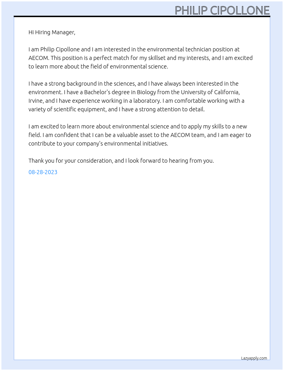 environmental technician At AECOM Cover Letter