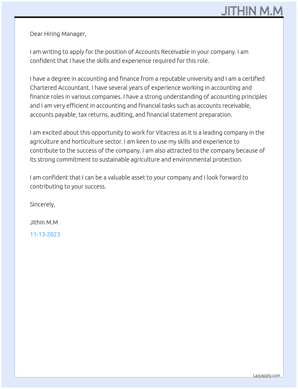 Accounts Receivables At Vitacress Cover Letter