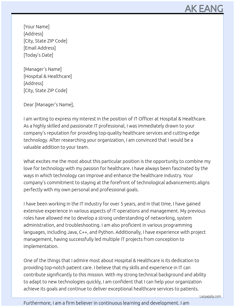IT Officer At Hospital & healthcare Cover Letter