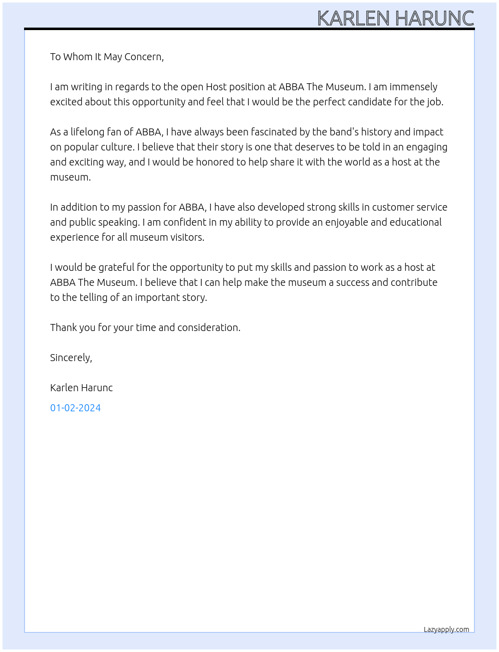 Host At ABBA The Museum Cover Letter