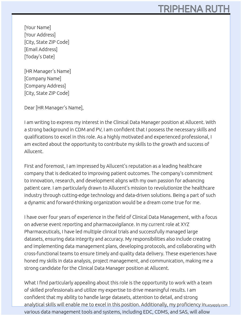 Clinical Data Manager At Allucent Cover Letter