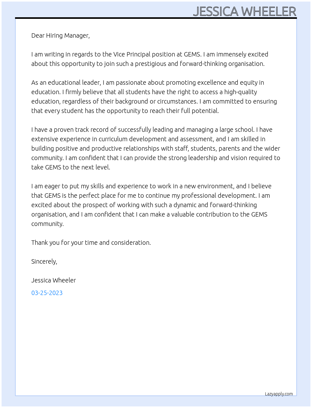 Vice Principal At GEMS Cover Letter