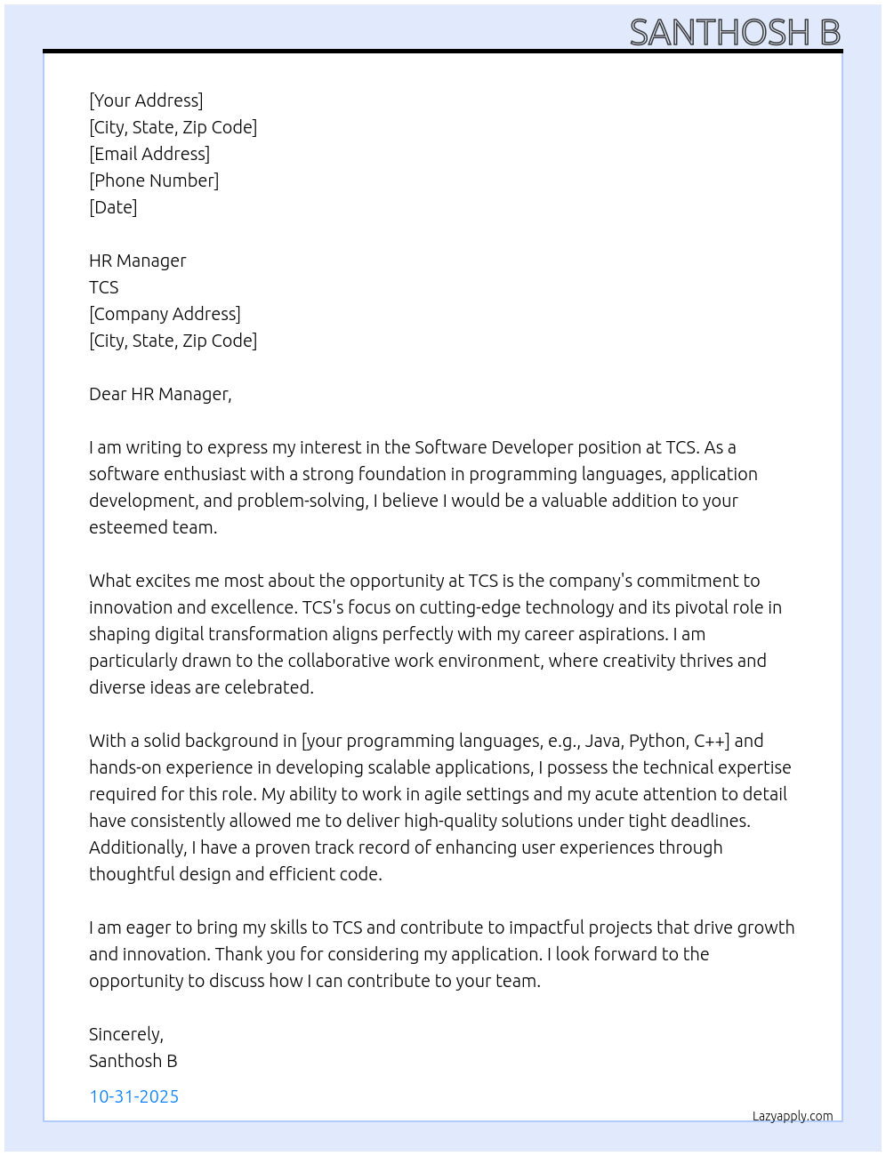 Software developer At TCS Cover Letter