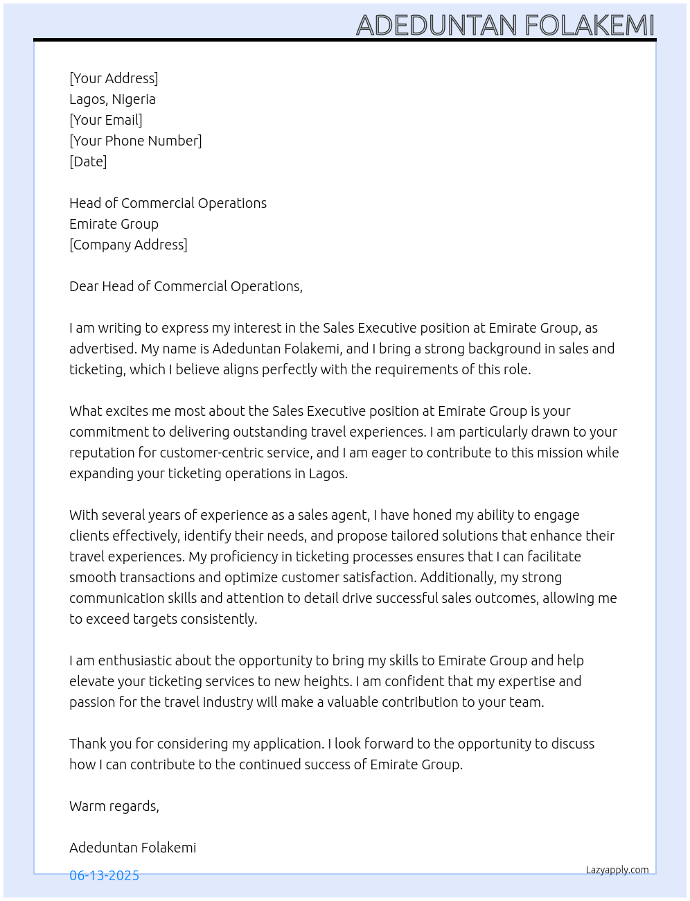 Sales Executive At Emirate Group Cover Letter