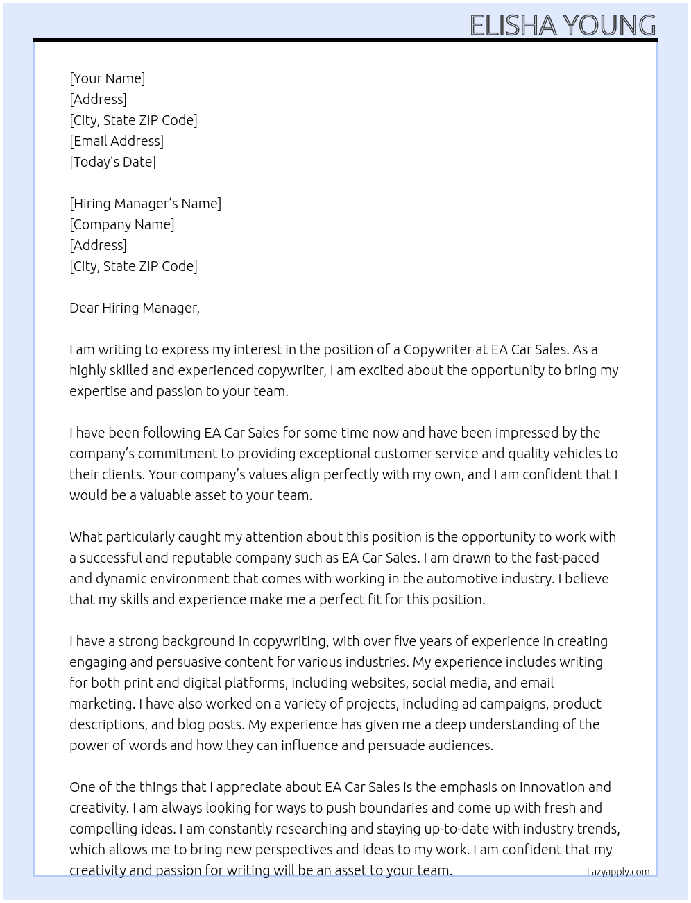 Copywriter At Ea car sales Cover Letter