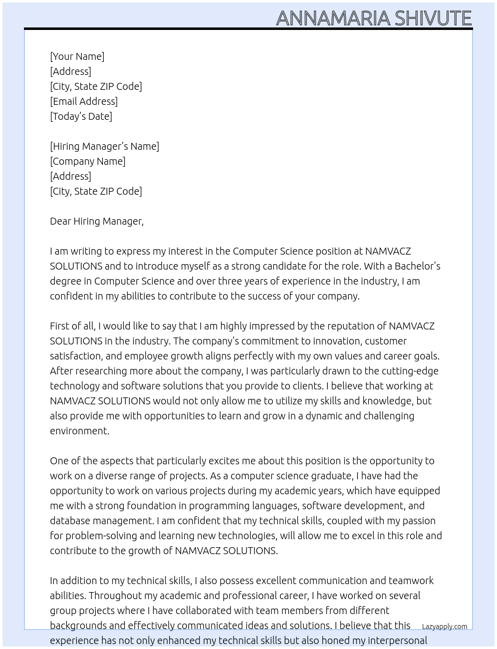 Computer Science At NAMVACZ SOLUTIONS Cover Letter