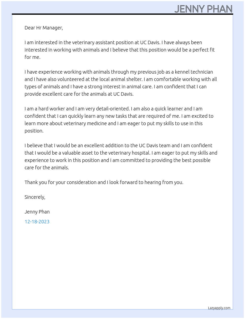 veterinary assistant At UC Davis Cover Letter