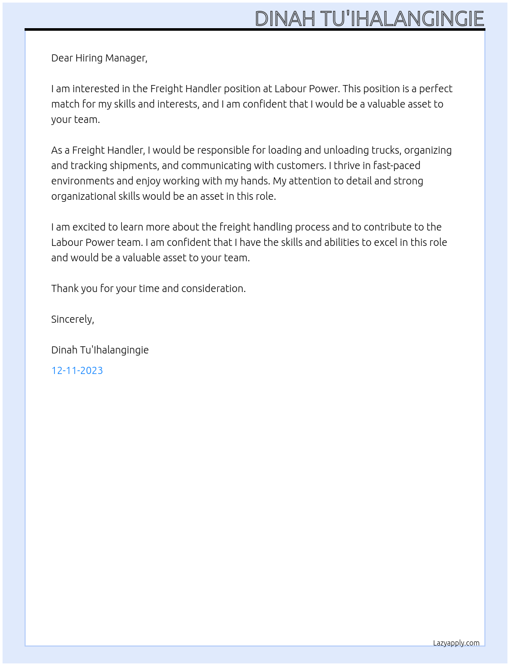 Freight Handler At Labour Power Cover Letter