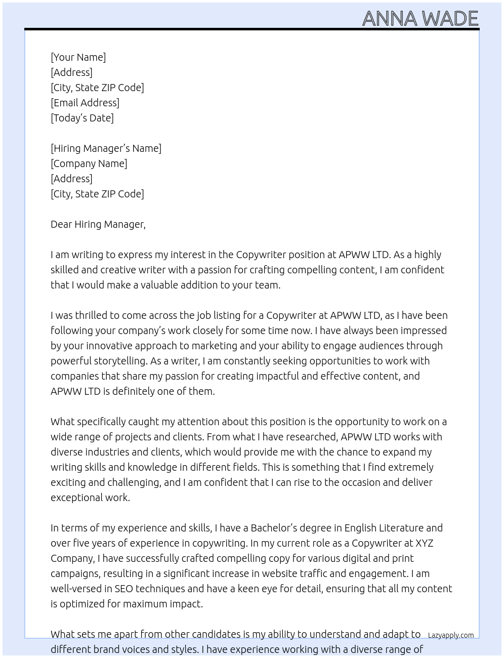 Copywriter At APWW LTD Cover Letter