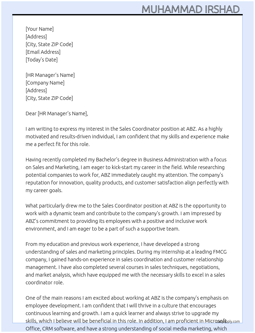 Sales coordinator  At ABZ Cover Letter