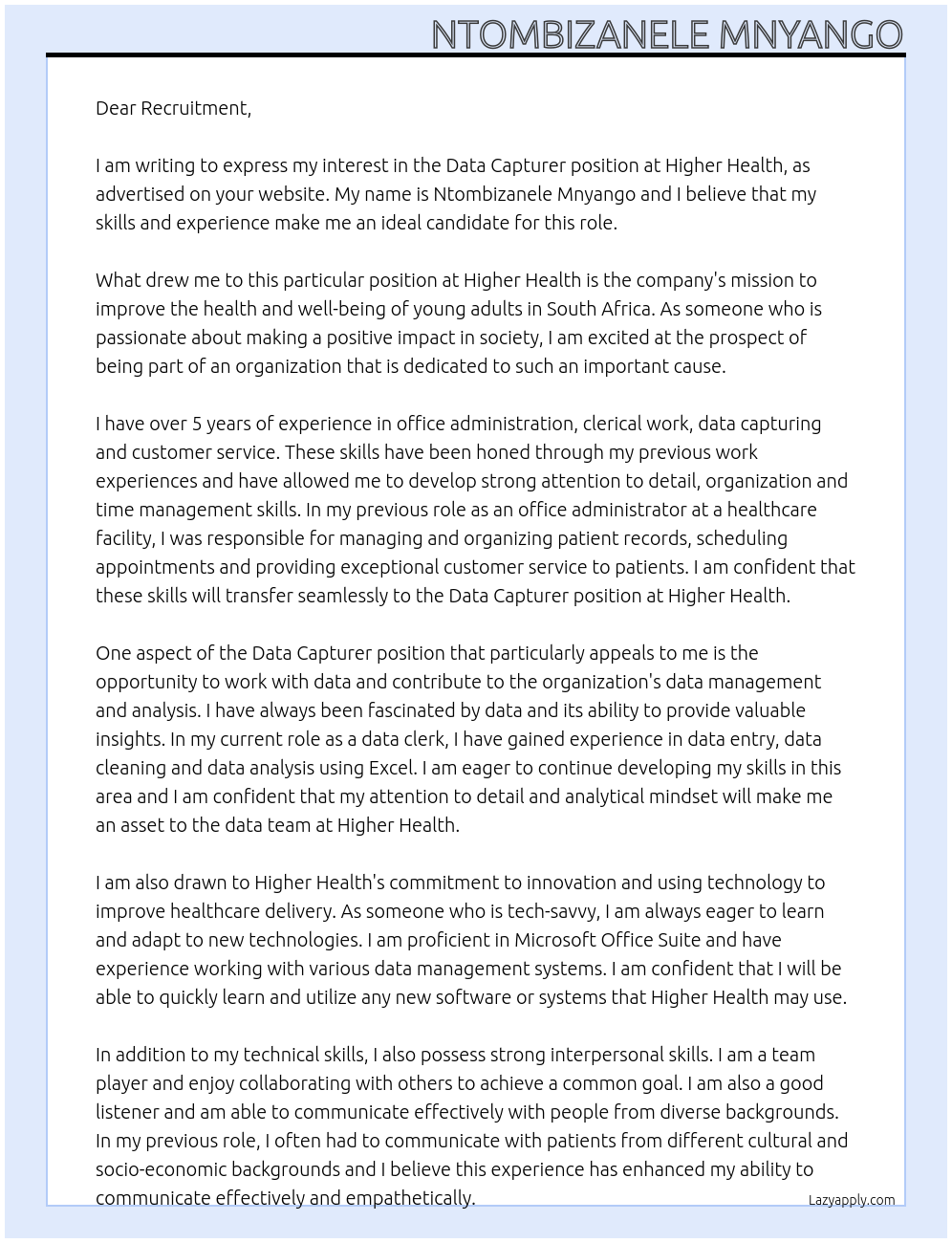Data Capturer At Higher Health Cover Letter