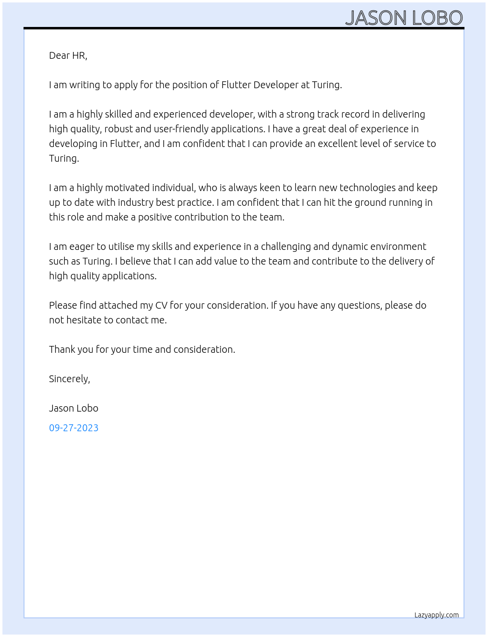 Flutter Developer At Turing Cover Letter