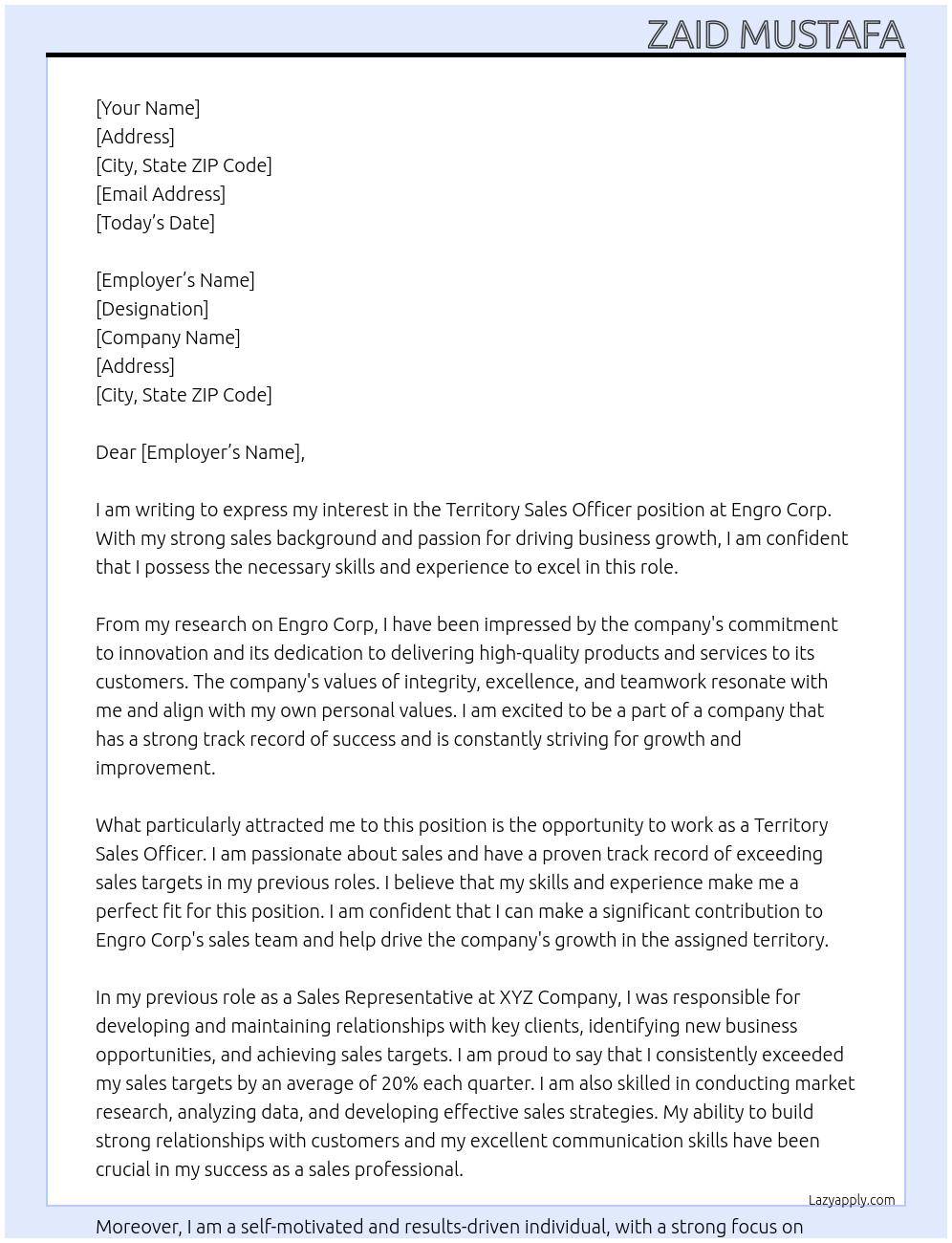 Territory Sales Officer At Engro Corp. Cover Letter