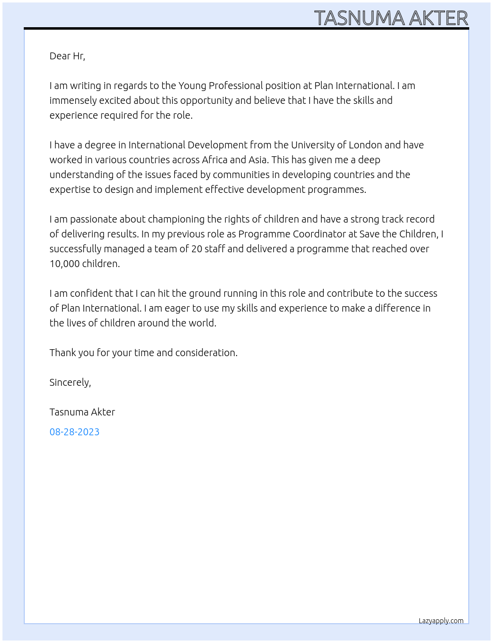Young Professional At Plan International Cover Letter