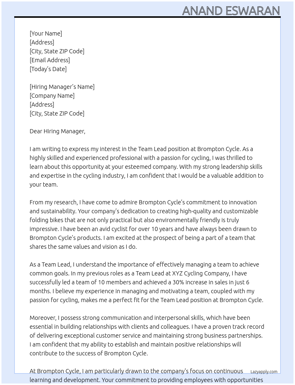 Team Lead At Brompton Cycle Cover Letter