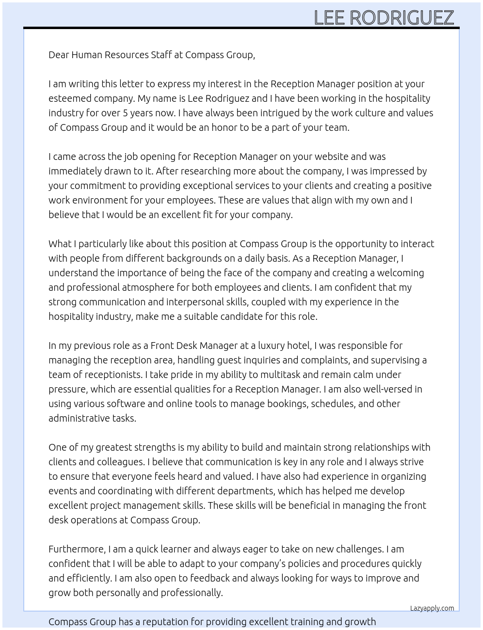 Reception manager At Compass Group Cover Letter